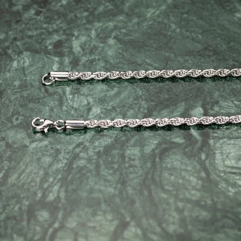 Solid White Gold Plated Heavy 925 Sterling Silver 3MM Twist Rope Chain Necklace - Picture 5 of 5